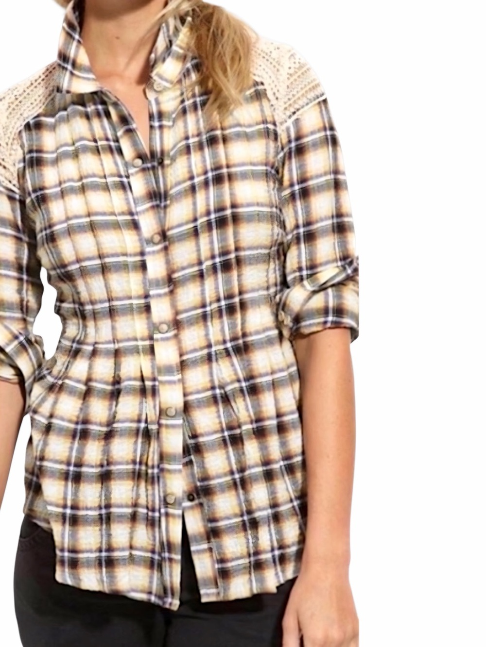 Free People Western Crochet Lace Plaid Peplum Pearl Snap Button Down Shirt